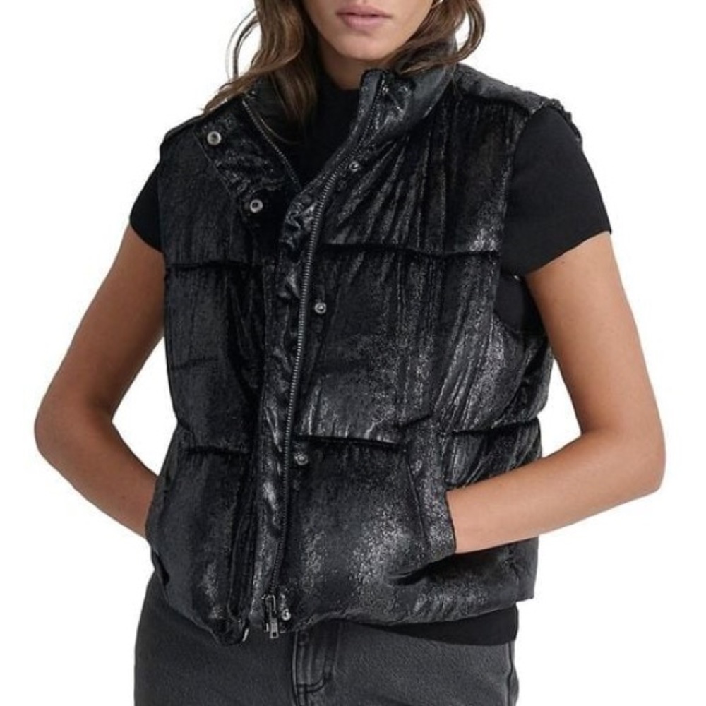 DKNY Black Shimmer Velvet Puffer Vest